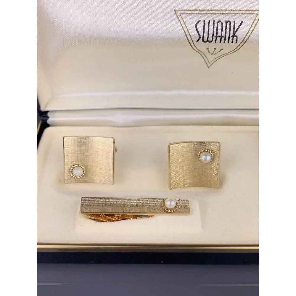 Faux Pearl Square Gold Tone Cufflinks Tie Pin Money Clip Textured Swank Vintage